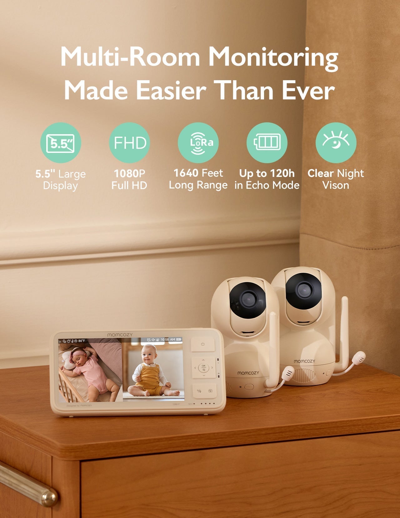 Momcozy BM03 baby monitor with 5.5-inch FHD display showing two babies, two cameras on wooden table