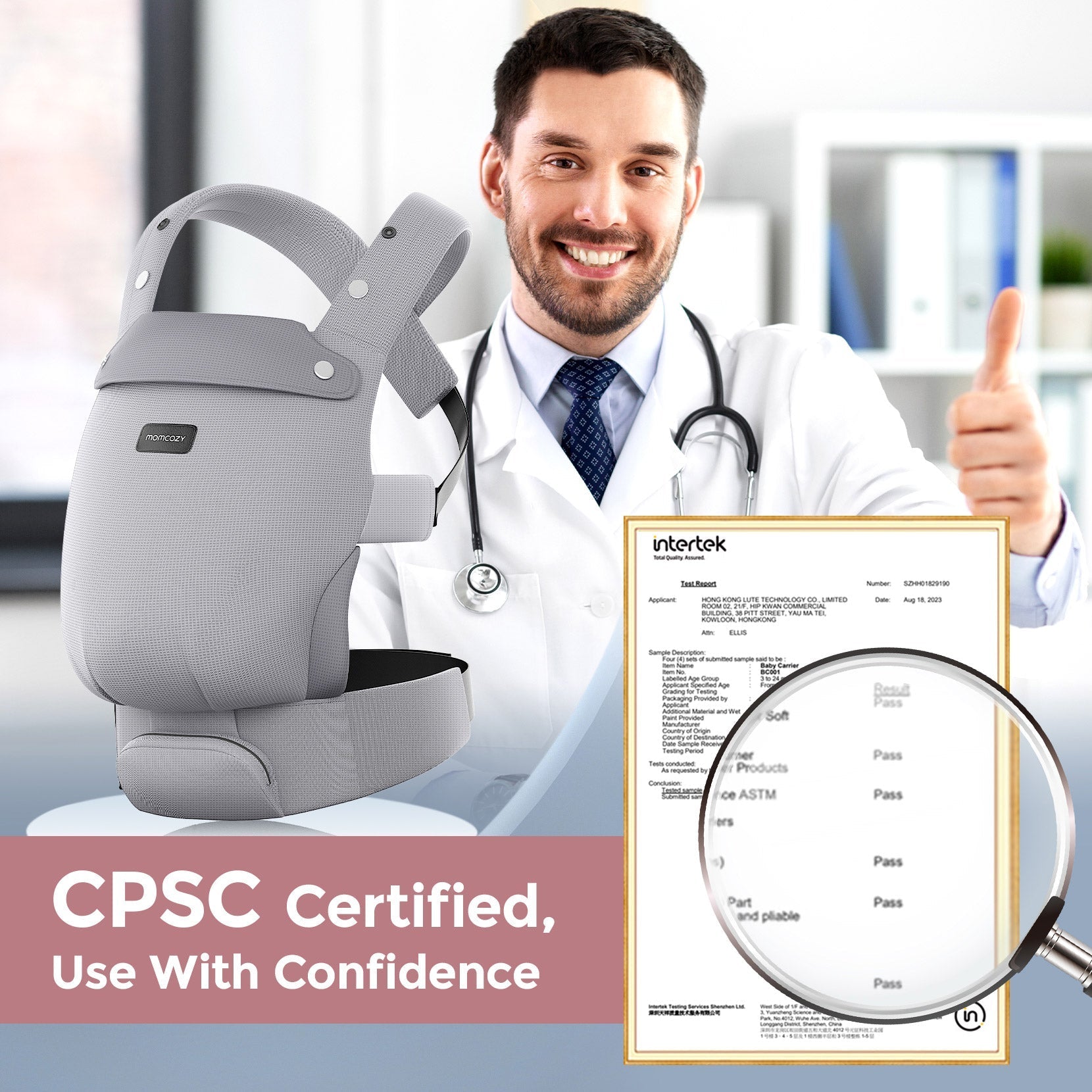 Momcozy baby carrier, CPSC certified, light gray, doctor-approved for safety. Ergonomic design provides comfort and support.